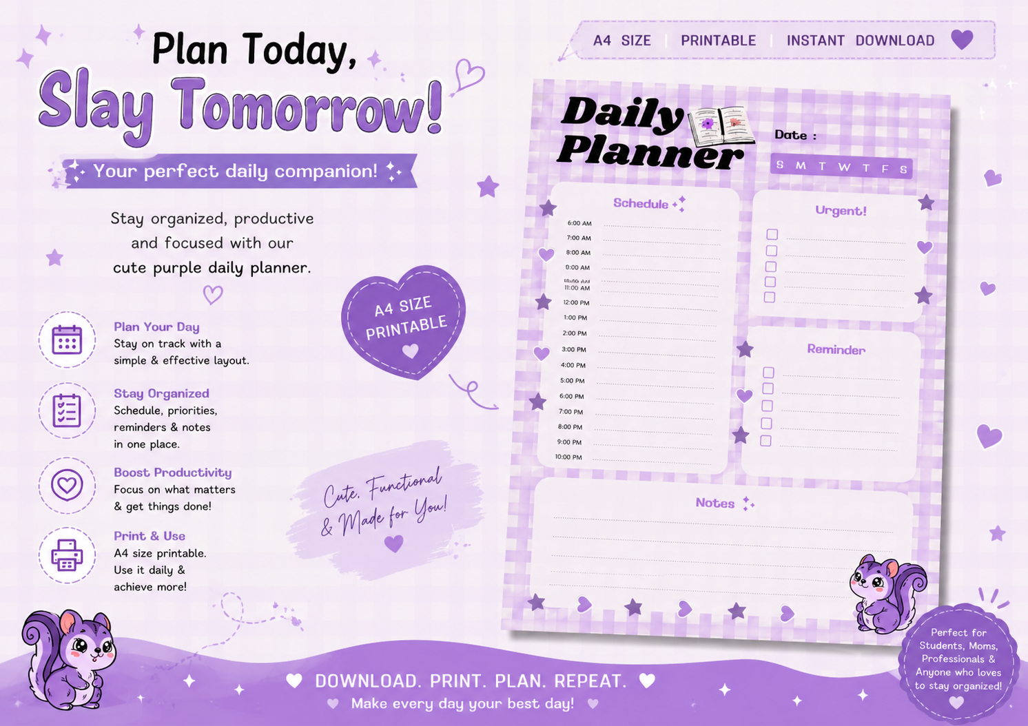 Cute Purple Daily Planner – Printable A4 Productivity Planner - Image 2