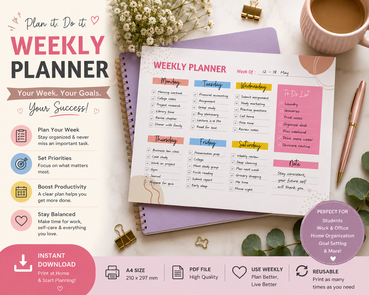 Tinted Weekly Planner – Printable A4 Weekly Planning Template - Image 4