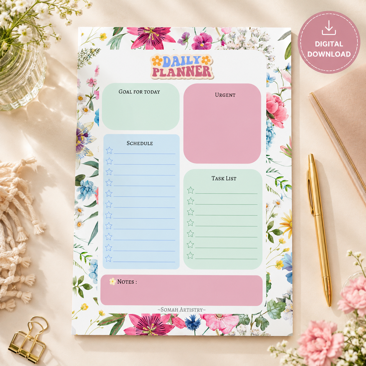 Floral Daily Planner – Printable A4 Productivity Planner