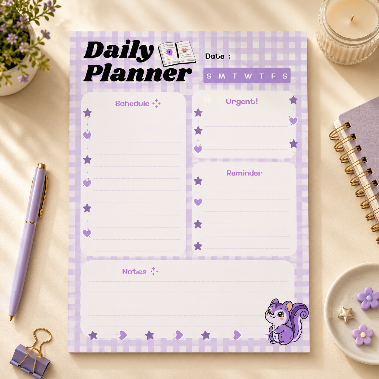 Cute Purple Daily Planner – Printable A4 Productivity Planner